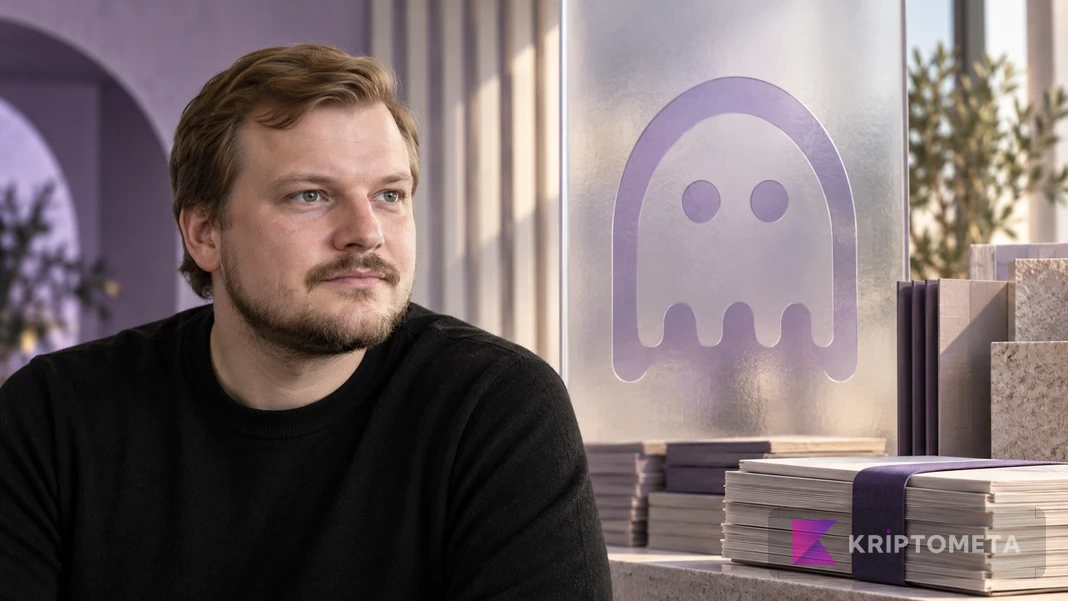Stani Kulechov alongside a purple Aave emblem and document portfolios