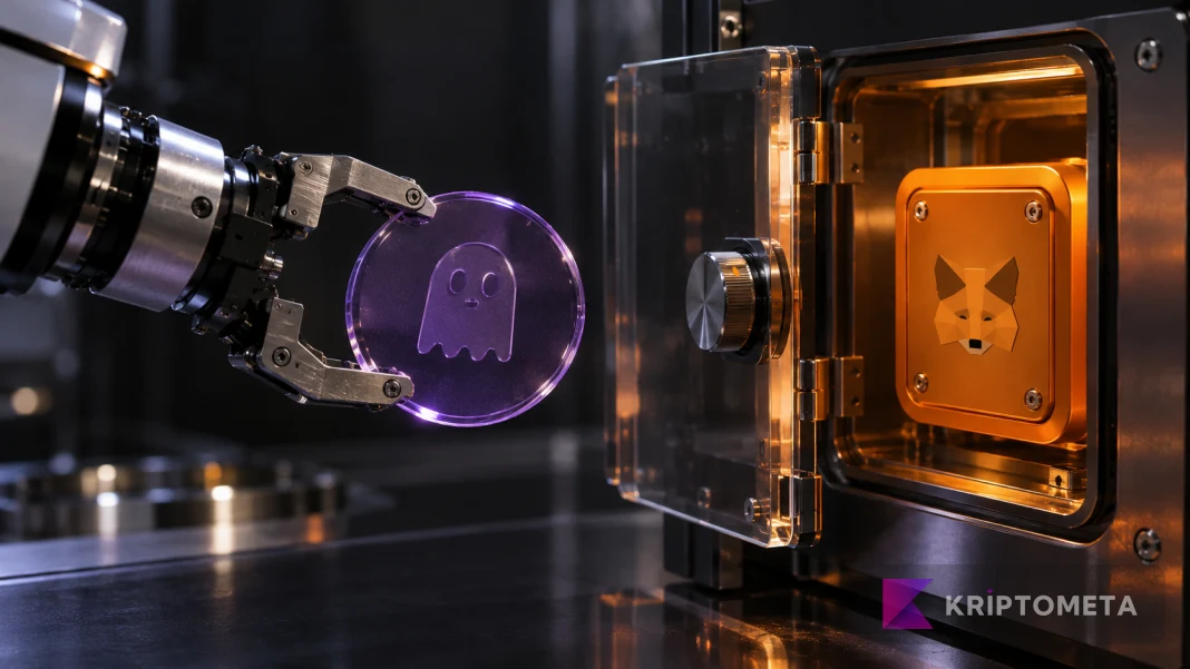 Conceptual Aave and MetaMask connection shown with a robotic arm and secure wallet module