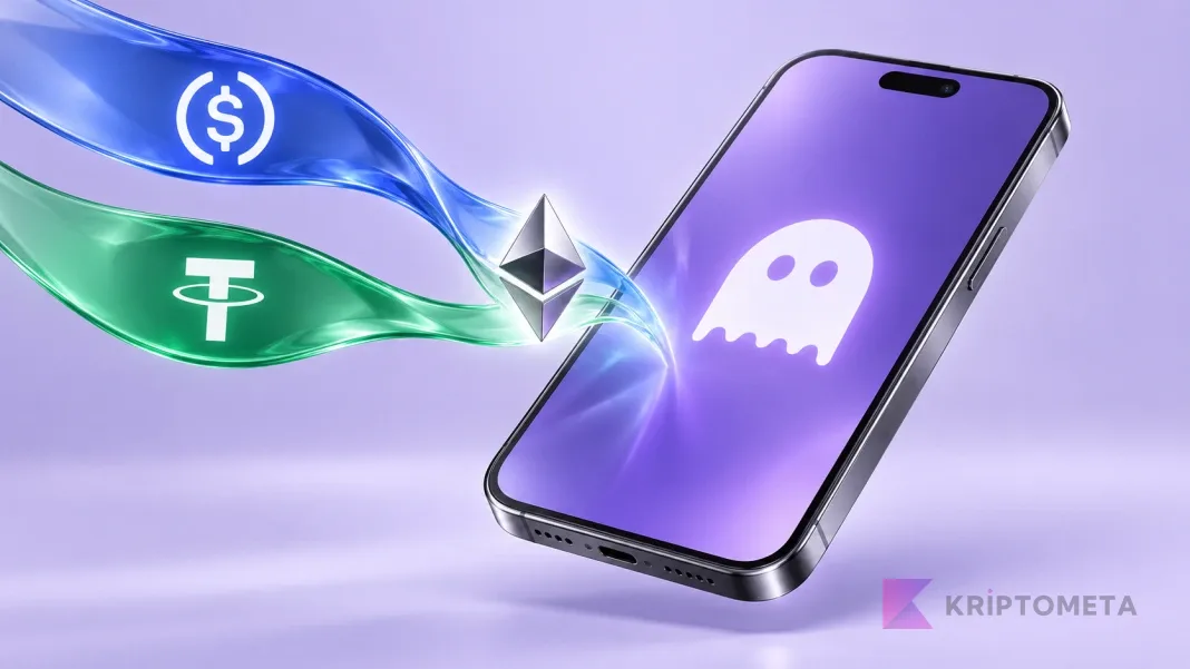 USDC and Tether ribbons converging beside an Ethereum symbol and a phone bearing the Aave emblem.