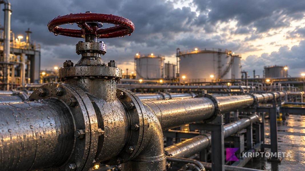 Yağmur damlalı petrol borusu, kırmızı vana ve depolama tanklarını gösteren temsili enerji altyapısı görseli