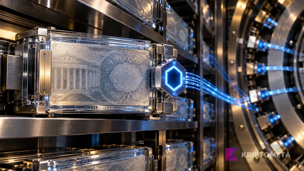 Conceptual financial technology scene with a Treasury-patterned transparent cassette in a steel custody rack and a blue data connection