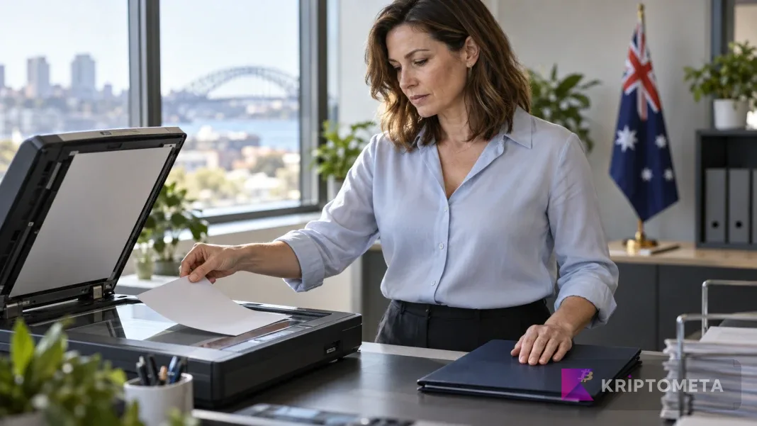 Fictional finance worker scanning transaction records beside a Bitcoin folder in an office with an Australian flag