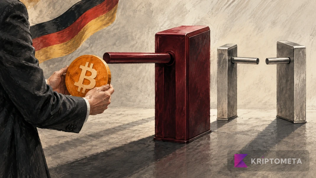 Hands holding a Bitcoin symbol beside a closed burgundy barrier and German flag colors, illustrating a licensing obstacle