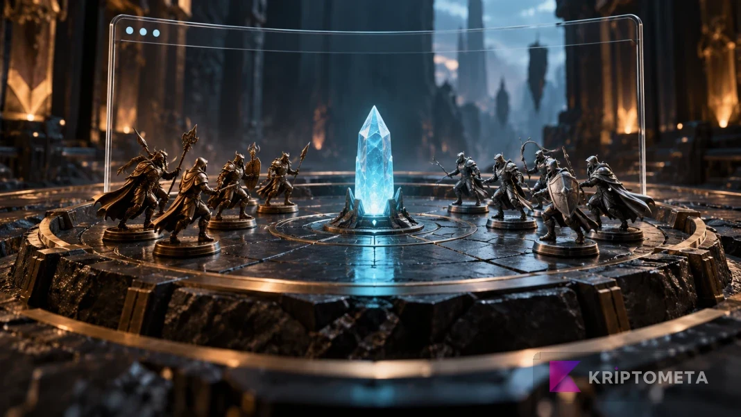 Conceptual game arena with metal warrior figures and a blue crystal inside a glass browser frame