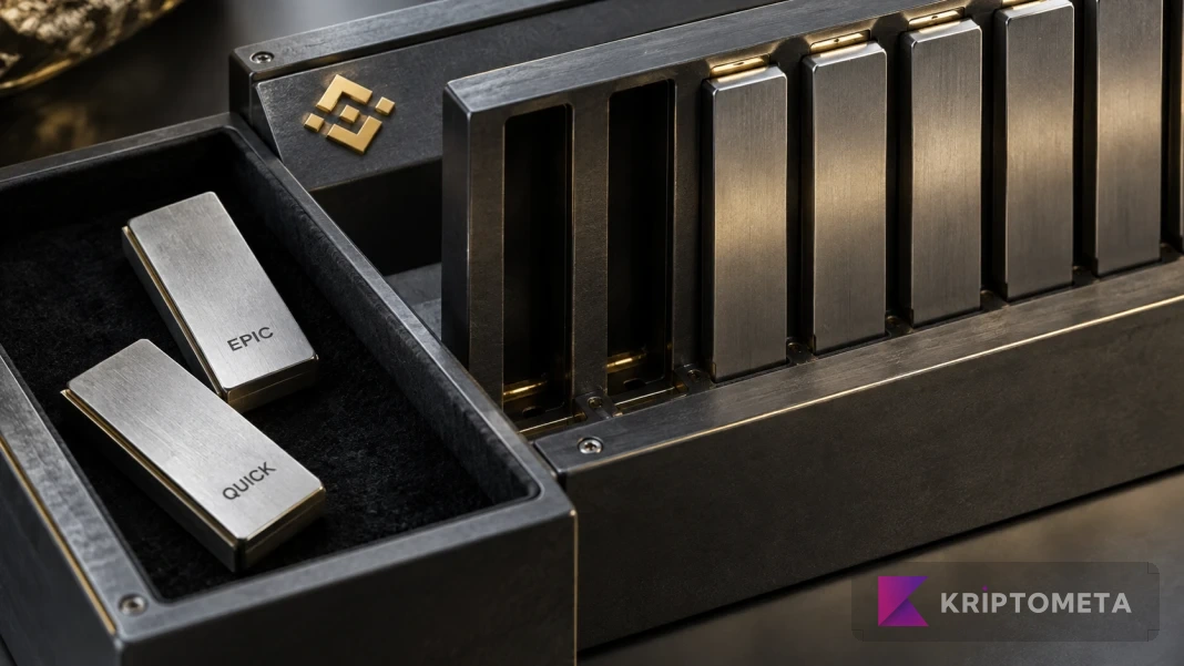 Conceptual image of EPIC and QUICK metal tiles removed from a Binance-branded trading mechanism
