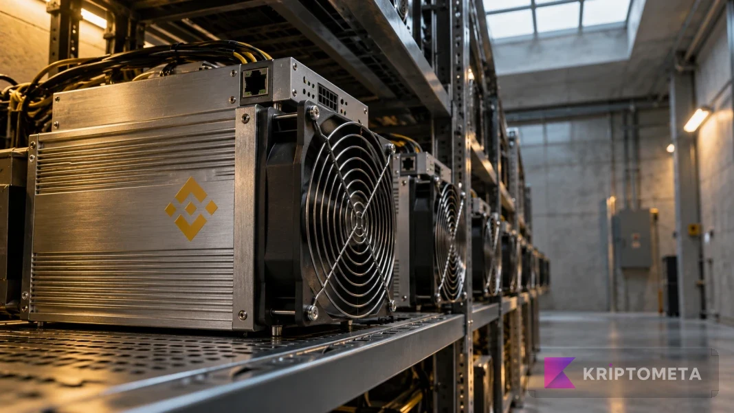 Binance simgeli madencilik cihazlarını endüstriyel rafta gösteren temsili kompozisyon