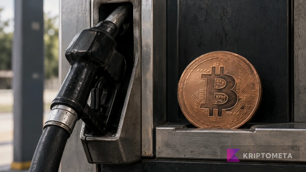 Conceptual image of a fuel nozzle beside a copper Bitcoin symbol, representing gasoline prices and Bitcoin