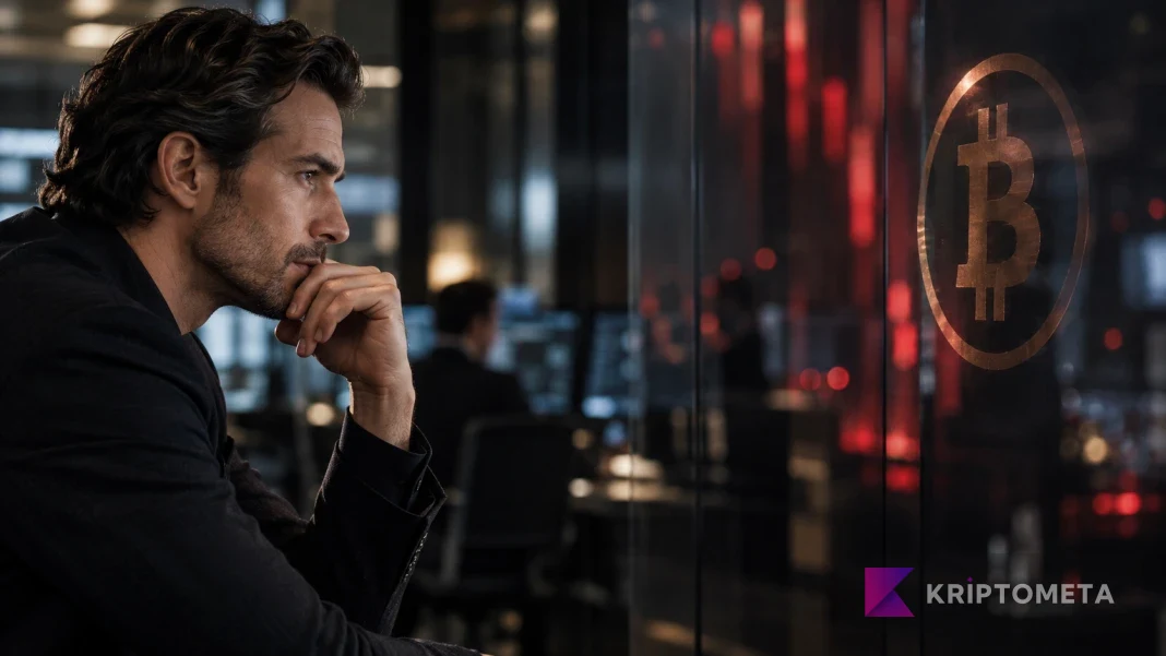 Conceptual image of a market analyst facing a Bitcoin symbol and red market lights