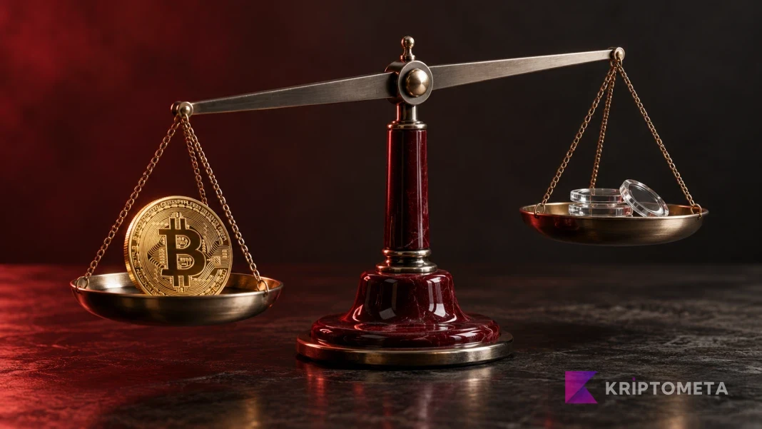Conceptual metal balance weighing a Bitcoin medallion against clear glass discs