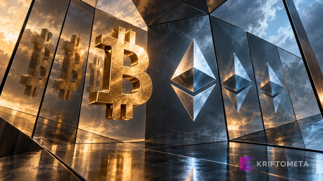 Bitcoin ve Ethereum simgelerinin açılı aynalarda çoğalan yansımaları