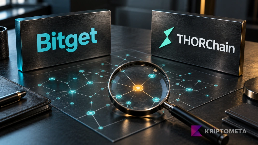Bitget ve THORChain isimlerinin önünde, ağ bağlantısındaki bir adresi büyüten mercek.
