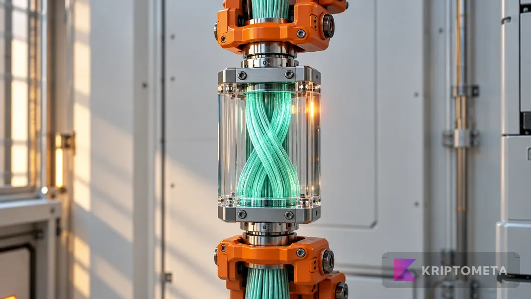Turuncu kelepçeler arasındaki saydam haznede yeşil fiber demeti; durdurulan INIT transferlerini anlatan temsili sahne.