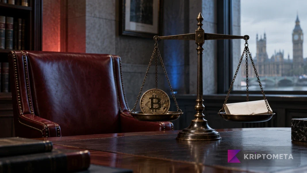 BitMEX davasını temsil eden, Bitcoin simgesi ve kâğıt bulunan dengeli hukuk terazisi
