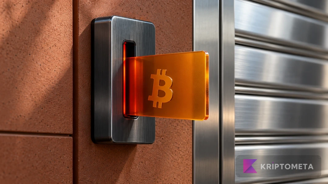 Bitcoin simgeli turuncu erişim kartı, grafit okuyucu ve kapalı metal güvenlik paneli; temsili görsel.