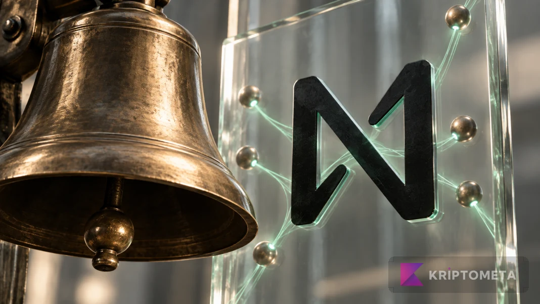 A bronze exchange bell beside the NEAR emblem and network connections on glass.