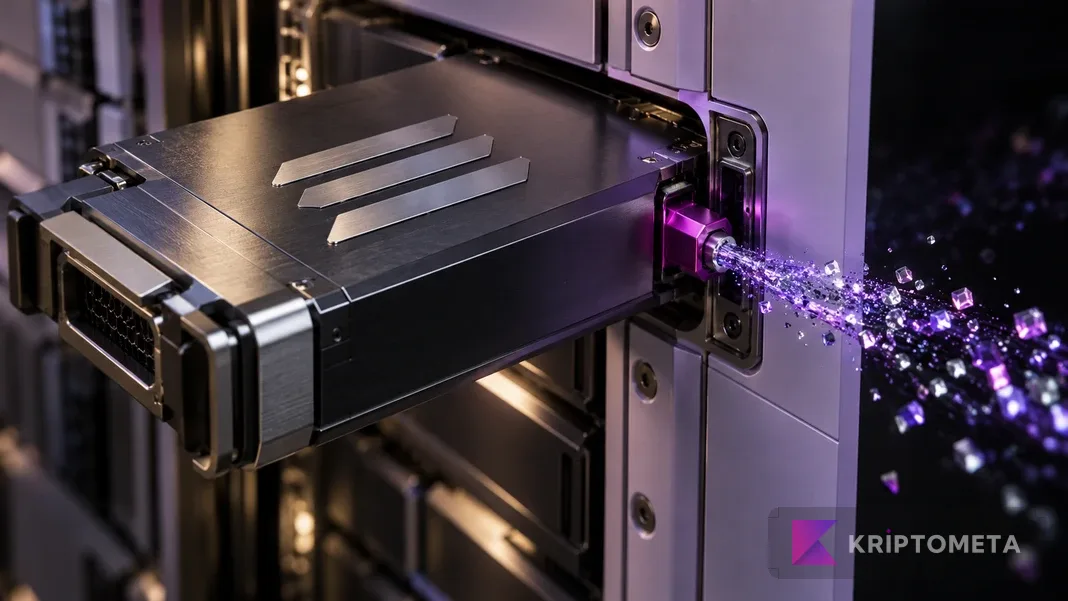 Mor ışıklı bağlantısından parçacıklar sızan metal sunucu modülü; Bloom güvenlik olayını anlatan temsili sahne.