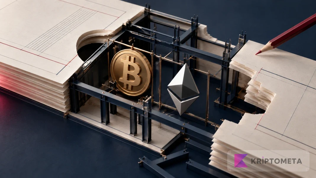 Bitcoin and Ethereum symbols inside an open metal frame and layered paper