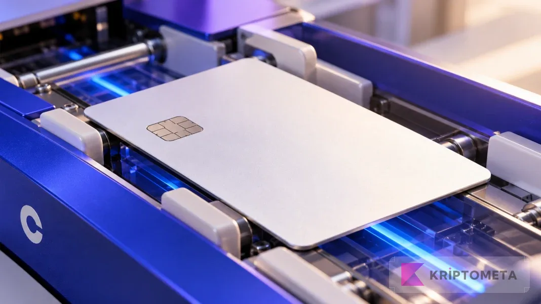 A white chip card in a technological mechanism representing stablecoin-backed card infrastructure
