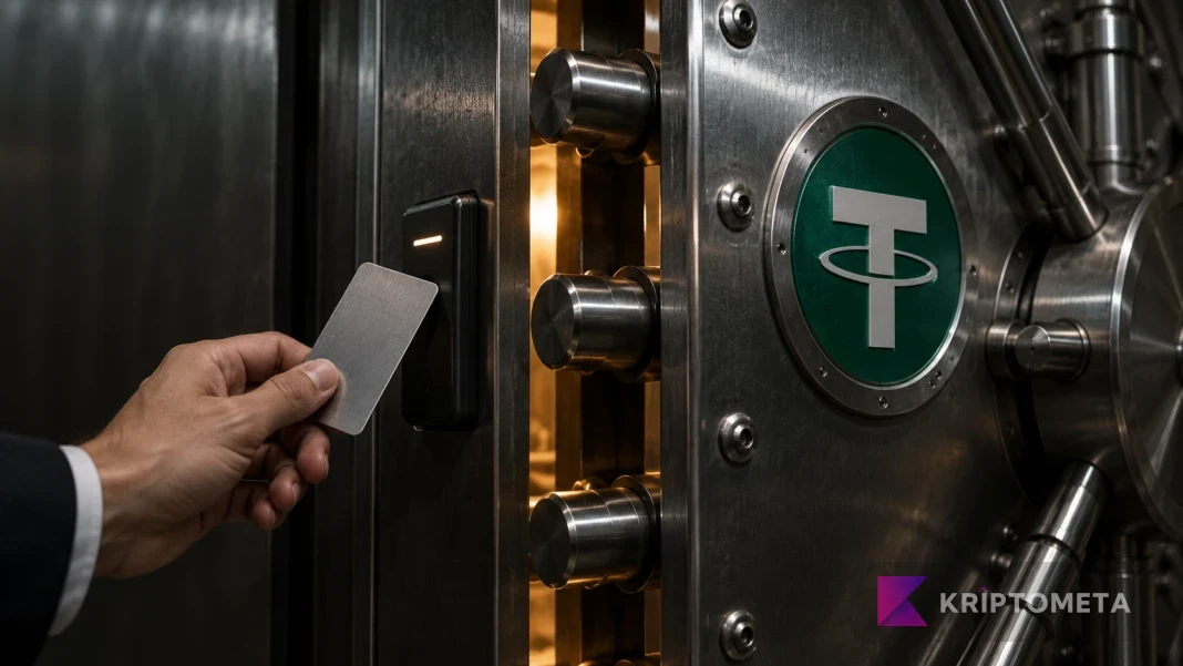 Conceptual image of a steel vault door with a USDT symbol and a hand holding an access card