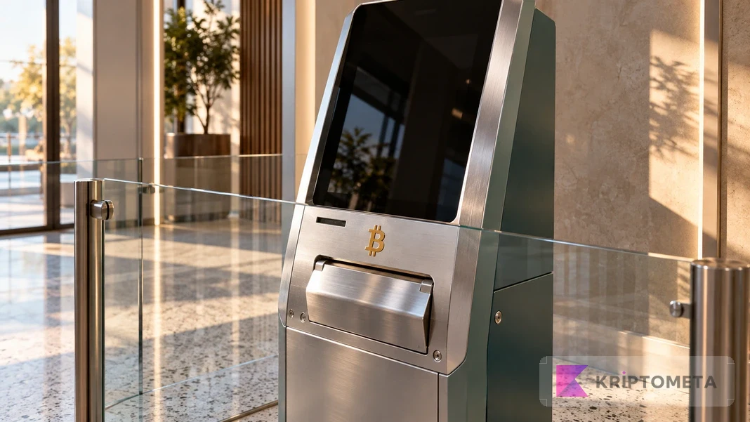 A crypto ATM behind a glass barrier, a conceptual illustration of the Coral Springs kiosk ban.