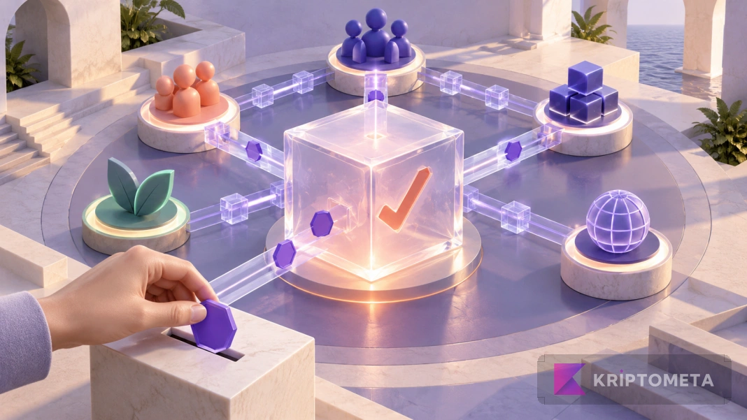 Hand placing a purple voting token into a ballot box connected to a blockchain network