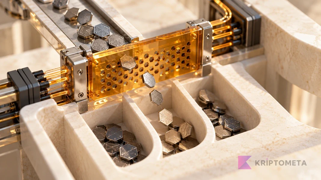 Metal tokens passing through an amber optical sorter, representing Datai airdrop eligibility