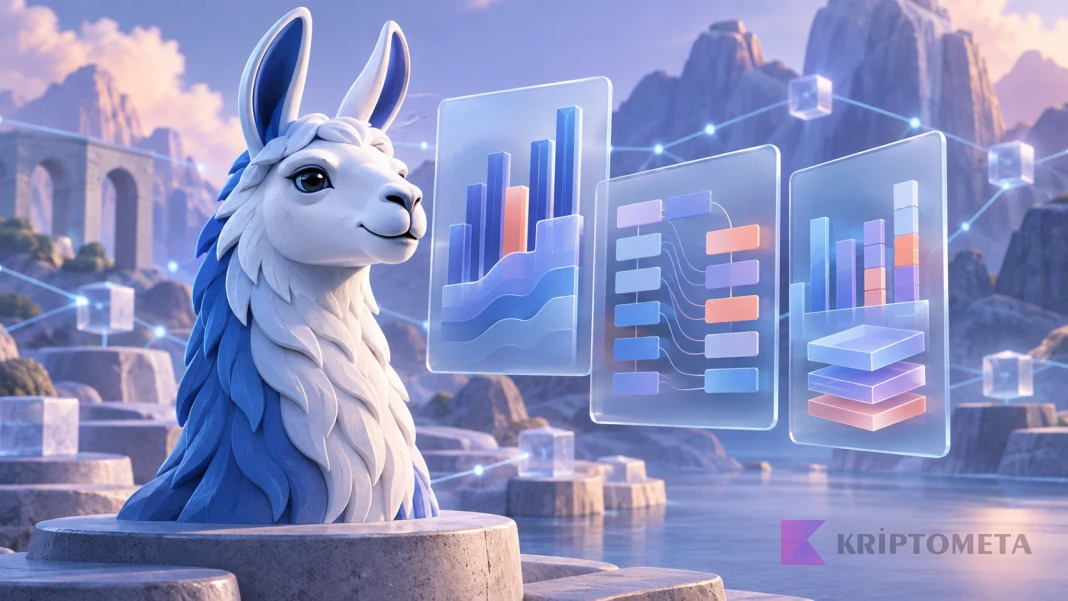 DeFi verilerini temsil eden grafik panellerinin yanında kavramsal lama figürü