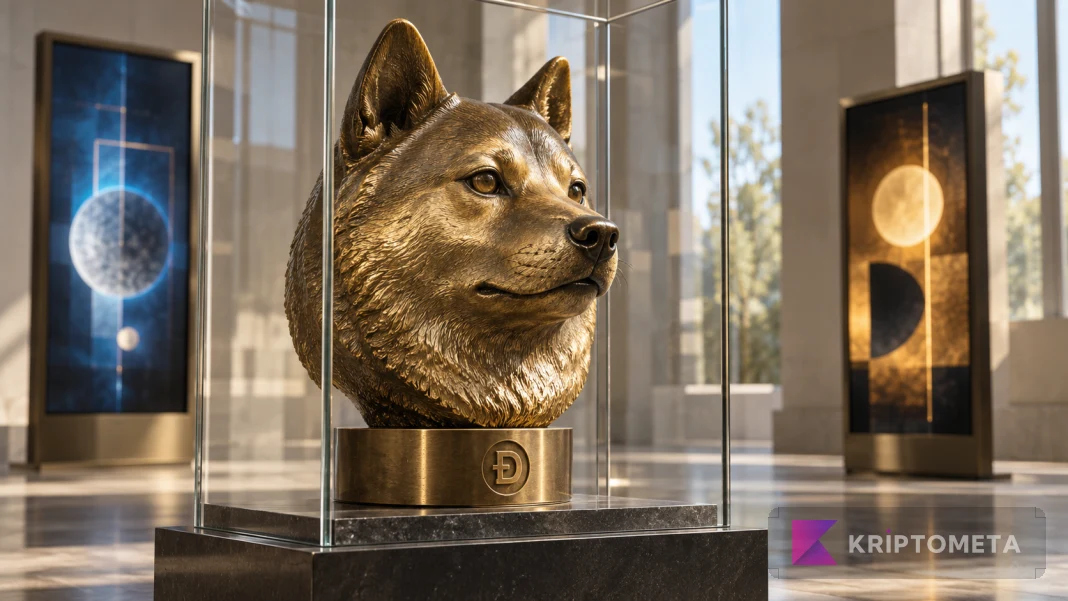 A bronze Shiba Inu sculpture in a glass case beside digital art panels