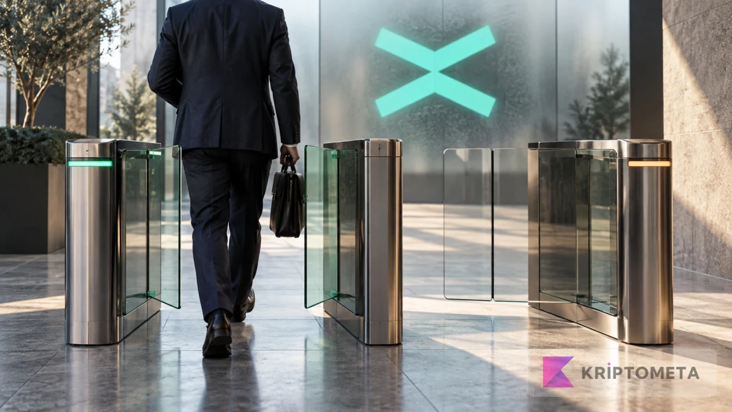 MultiversX simgesi önünde biri açık diğeri kapalı iki geçitle borsalardaki farklı erişim koşullarını anlatan kavramsal sahne