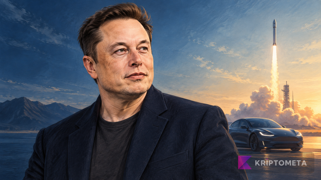 Editorial portrait illustration of Elon Musk with spaceflight and electric-vehicle motifs