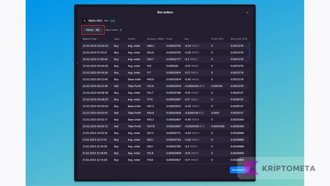 Bitsgap resmî işlem geçmişi örneği