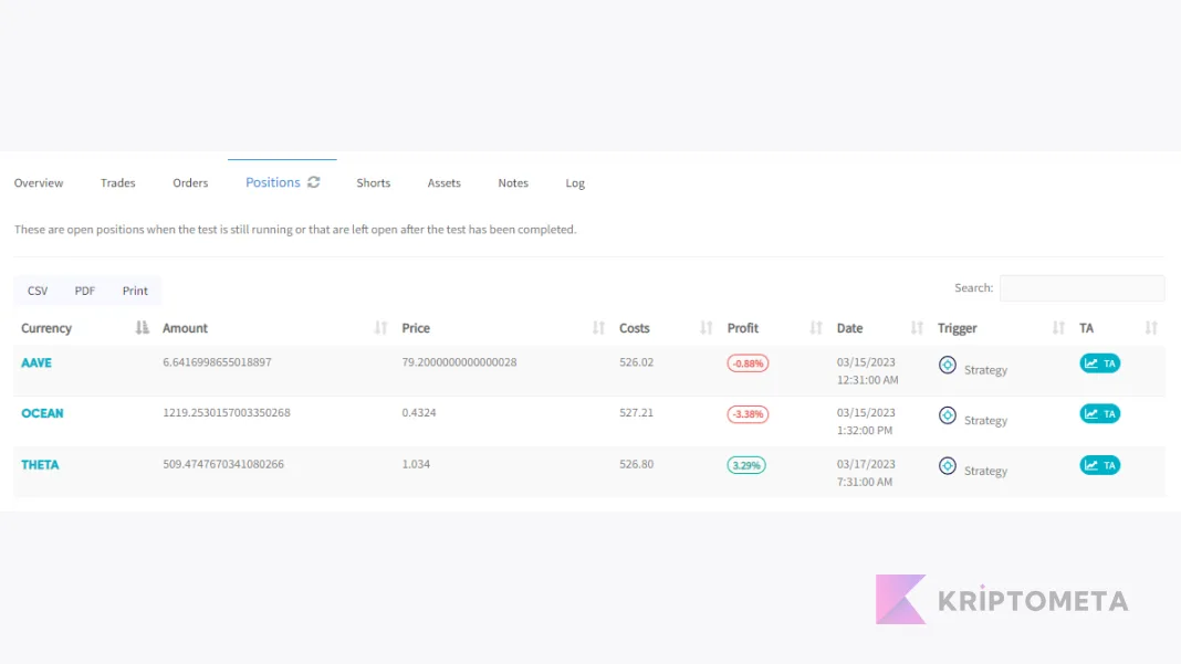 Cryptohopper test sonunda açık kalan pozisyonlar