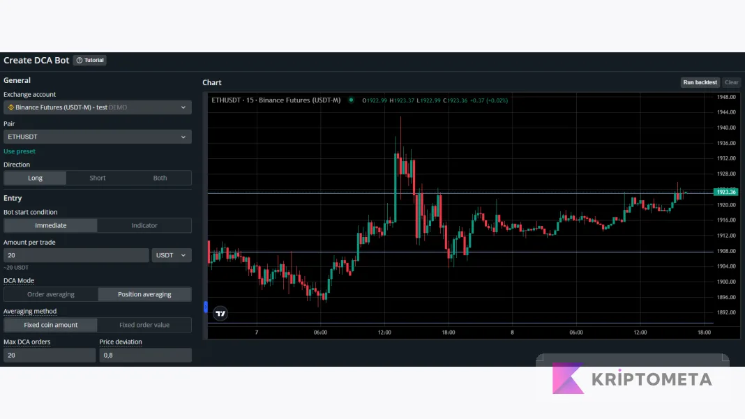 DCA kurulumu: borsa, parite ve tutar alanları