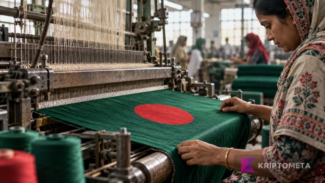 Bangladeş bayrağı renkleriyle kumaş dokuyan bir tekstil atölyesinde çalışan kişinin elleri