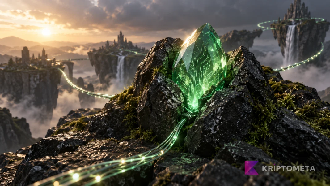 Concept image for Enjin Earth Season: a green circuit-patterned crystal in mossy rock, with light paths connecting worlds