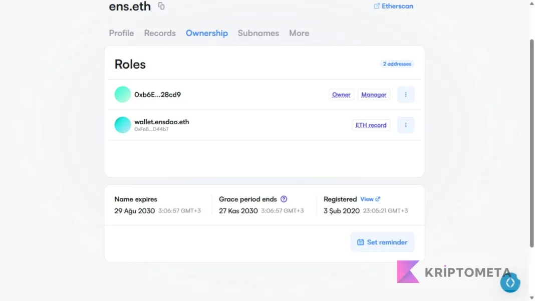 ENS ownership screen showing Owner, Manager, ETH record and registration expiry dates