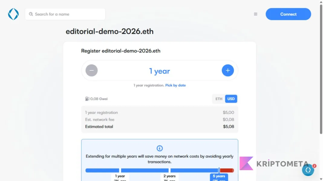 ENS registration screen showing a  annual name fee and estimated >.08 network cost
