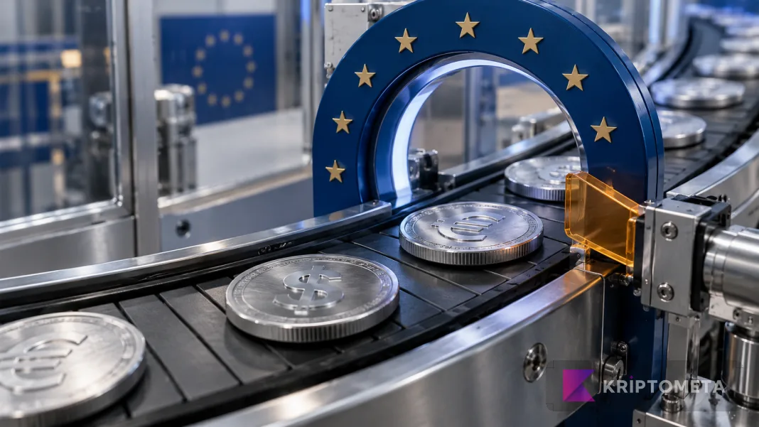 Conceptual cover showing dollar and euro digital coins at a European-star inspection ring