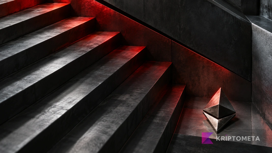 Conceptual image of an Ethereum emblem at the foot of descending dark metal steps