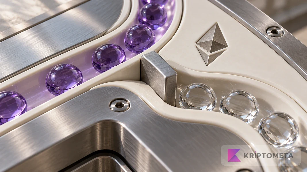Metal divider separating violet and clear capsules in a ceramic routing plate with an Ethereum symbol.