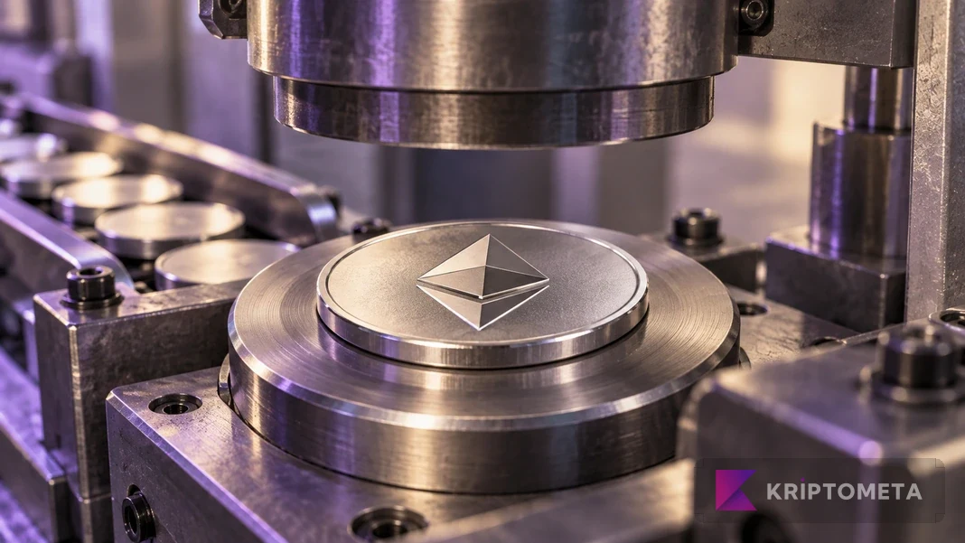 Ethereum simgeli metal diskin üzerinde açık duran çelik baskı kalıbı