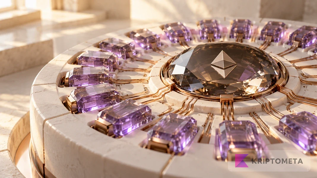 Conceptual validator consolidation design with violet glass modules connected to a larger Ethereum-marked module
