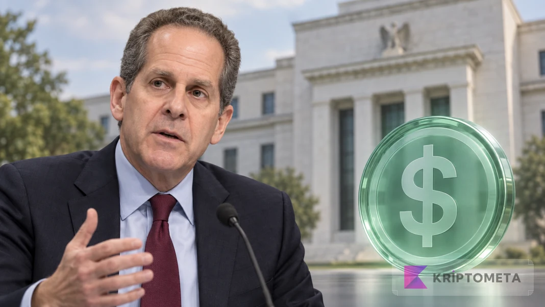 Michael Barr, Fed binası ve dolar simgeli stablecoin ile rezerv düzenlemesini anlatan kompozisyon.