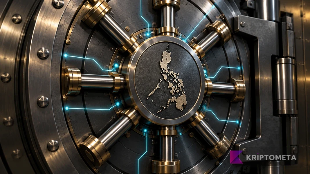 A closed steel vault door with a Philippine map motif and engaged locking bolts