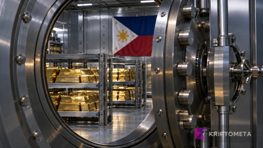Conceptual reserve image showing a Philippine flag and gold bars inside a steel vault