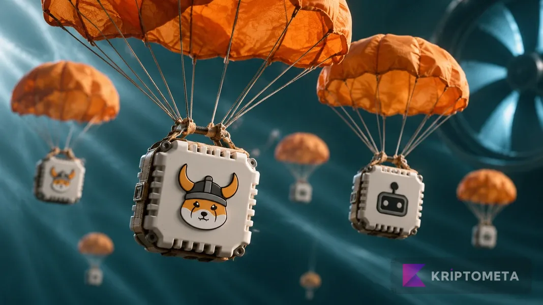 Conceptual airdrop scene with orange parachutes carrying microchip-shaped parcels bearing FLOKI and robot symbols