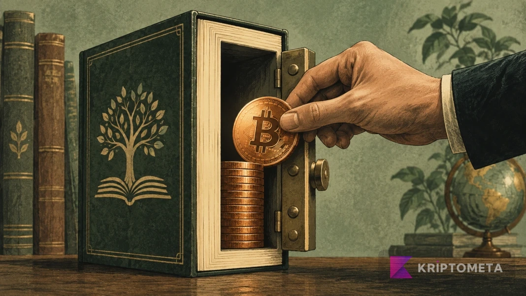 Conceptual illustration of a hand placing a Bitcoin coin into a book-shaped safe