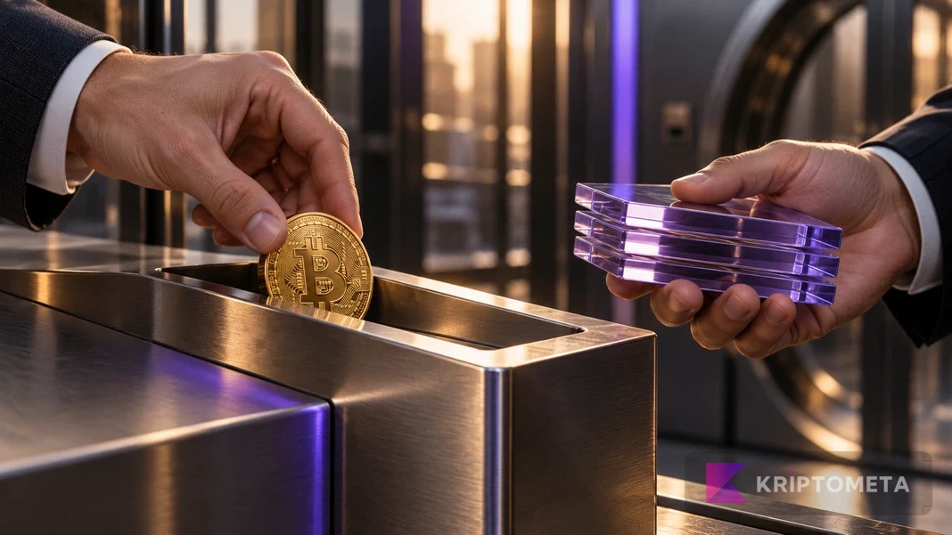 Bitcoin parasını metal tepsiye yerleştiren ve mor fon payı simgelerini tutan ellerden oluşan temsili sahne