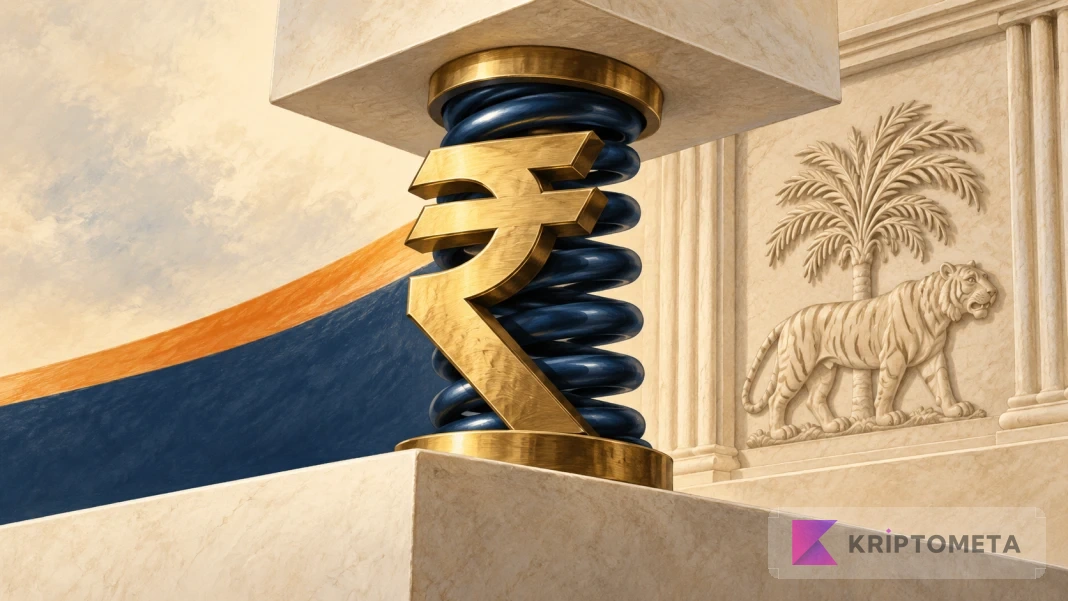 Golden Indian rupee symbol on a compressed dark blue spring