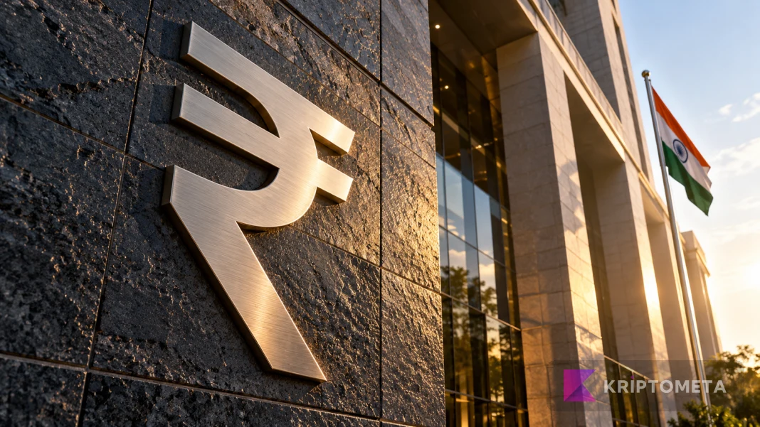 A metal rupee symbol and Indian flag in a conceptual architectural scene representing India’s reserves